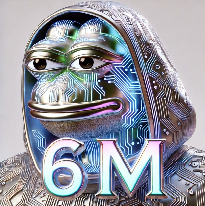 A digital illustration featuring MIND of Pepe, a crypto AI agent, set against a futuristic backdrop, symbolizing its role in AI-driven meme coin trading.
